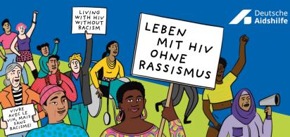 Bunte Grafik einer Demonstration mit den Schildern: Leben mit HIV ohne Rassismus; living with HIV without racsim; vivre avec le VIH mais sans racisme. Oben rechts das Logo der Deutschen Aidshilfe