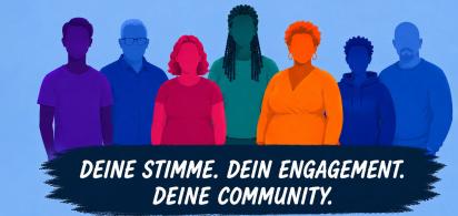 Illustration verschiedener Menschen, darunter der Text "Deine Stimme. Dein Engagement. Deine Community"