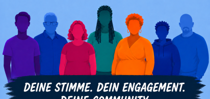 Illustration verschiedener Menschen, darunter der Text "Deine Stimme. Dein Engagement. Deine Community"