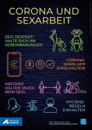 Scharzer Hintergrund, in Neonschrift verschiedene Verhaltensregeln zur Vermeidung der Übertragung von Covid 19 während der Sexarbeit.