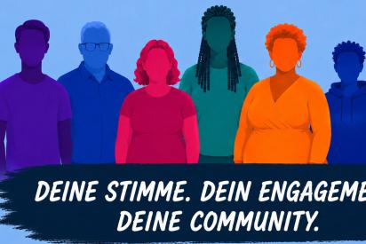 Illustration verschiedener Menschen, darunter der Text "Deine Stimme. Dein Engagement. Deine Community"