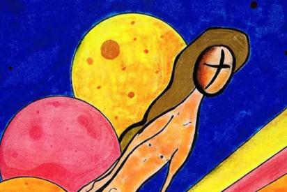 Auschnitt aus einem Kunstwerk: abstrakte Figur neben kreisen uns strahlen auf blauem Hintergrund