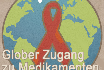 Weltkugel mit roter Schleife und Schriftzug: Globaler Zugang zu Medikamenten. Je