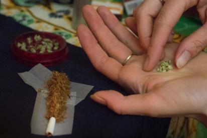 Zwei H&auml;nde mit getrocknetem Cannabis, im Hintergrund der Joint, der gerade gebaut wird